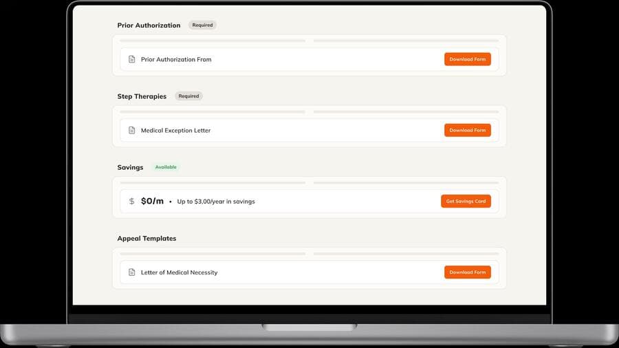 Coverage tool shown on a laptop — PA requirements, step therapies, savings, and appeal templates at a glance