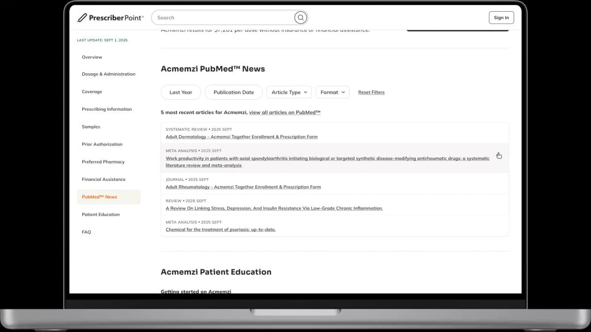 PrescriberPoint PubMed news feed showing latest drug citations
