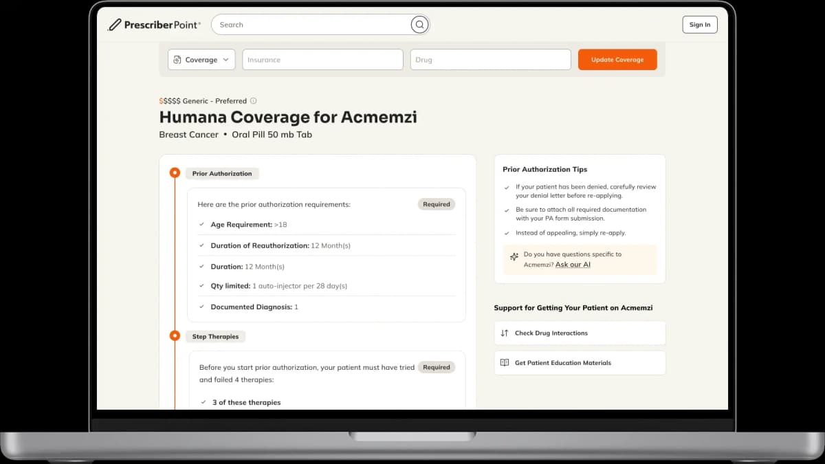 PrescriberPoint showing coverage details and step therapy requirements