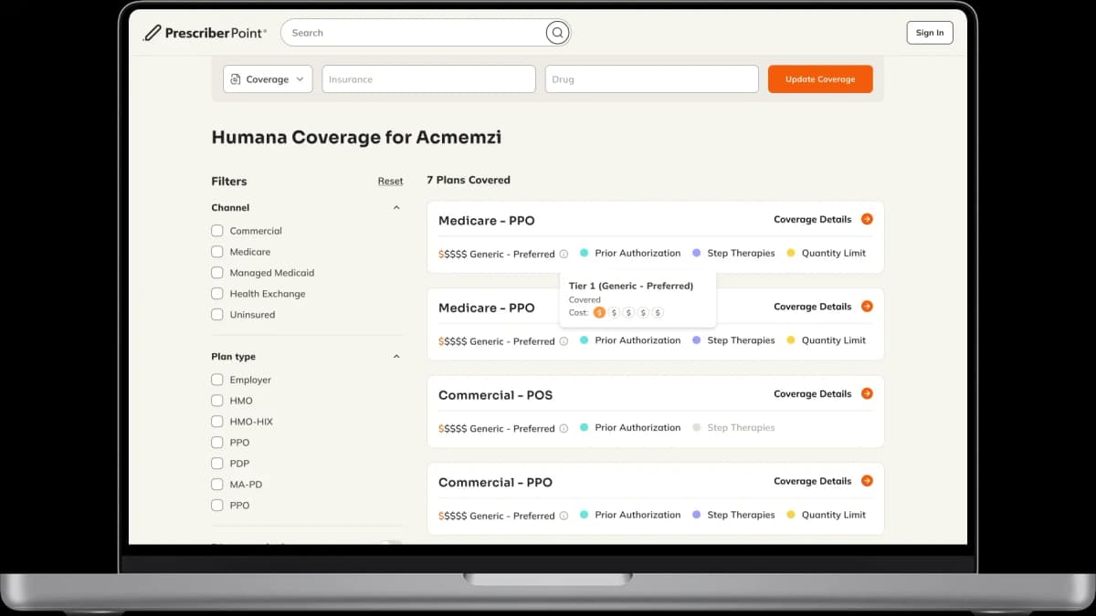 PrescriberPoint coverage support search interface on a laptop