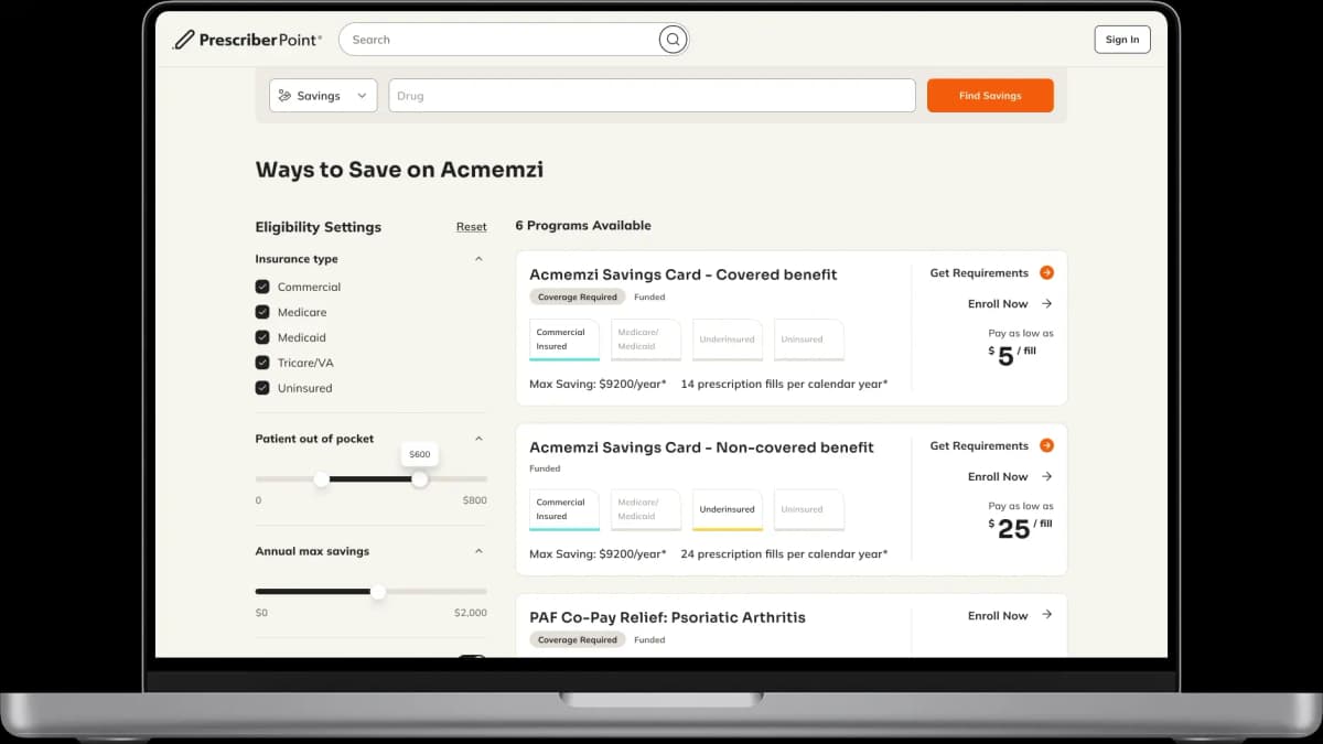 PrescriberPoint savings support search interface on a laptop