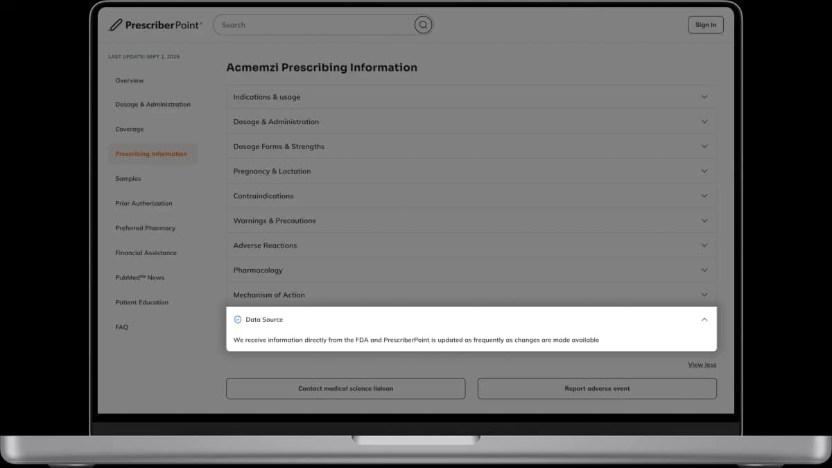 PrescriberPoint showing FDA-approved prescribing information directly from the FDA